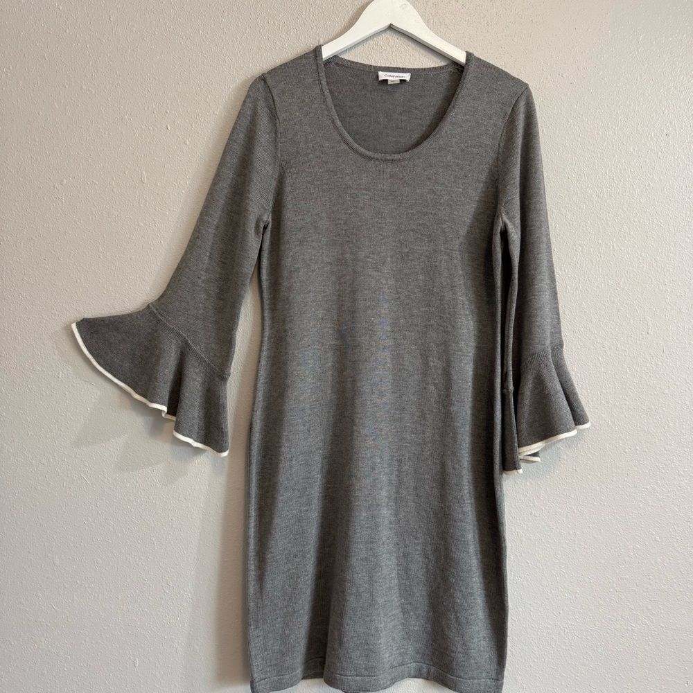 Calvin Klein Grey Bell Sleeve Knit Sweater‎ Dress - Size L